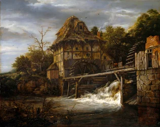 Zwei unterschlächtige Wassermühlen mit Männern, die eine Schleuse öffnen